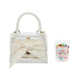 Packed Party Clear Mini Crossbody Bag - White Trim with Gold Chain Strap, Removable Satin Bow Scarf, Top Handle, 7x3.5x5 Inch