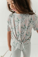 Girls Tie Front Shirt in Aqua Grey Floral