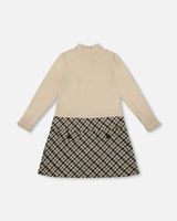 Long Sleeve Bi-Material Mock Neck Dress and Plaid