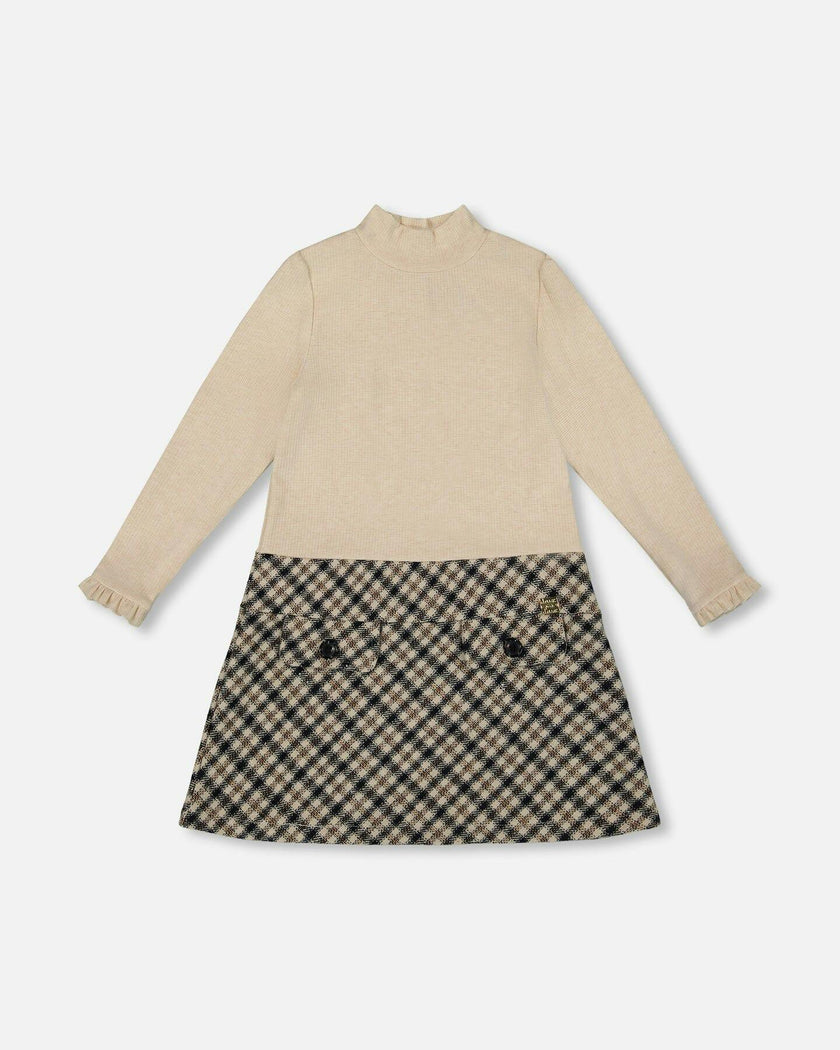 Long Sleeve Bi-Material Mock Neck Dress and Plaid