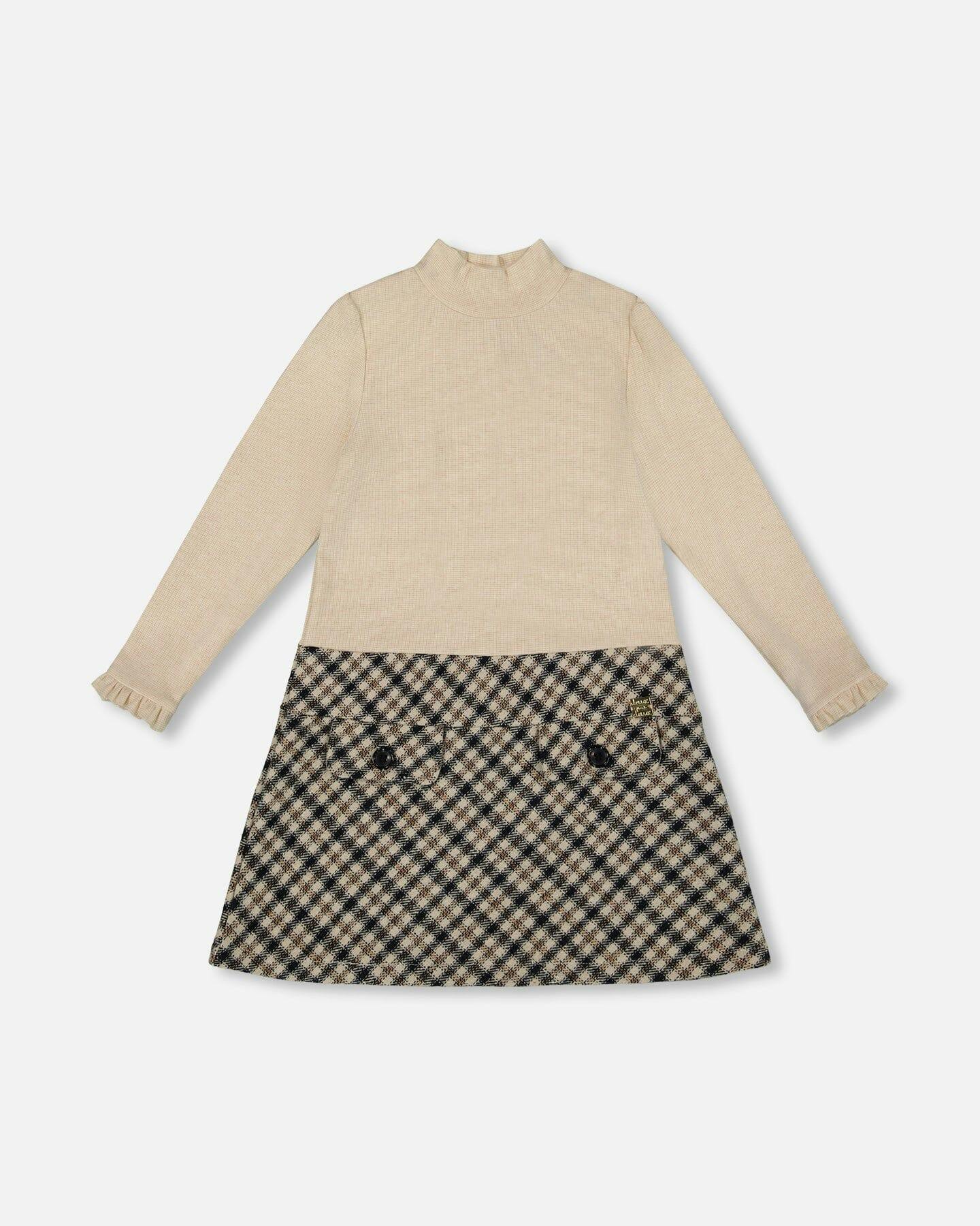Long Sleeve Bi-Material Mock Neck Dress and Plaid