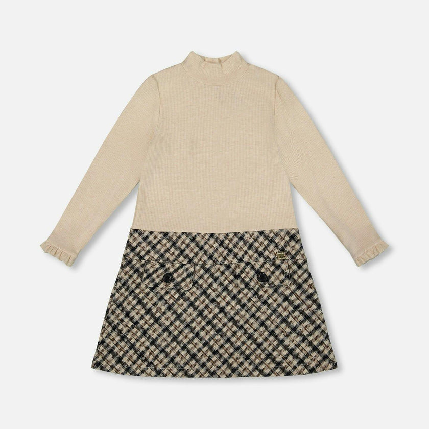 Long Sleeve Bi-Material Mock Neck Dress and Plaid