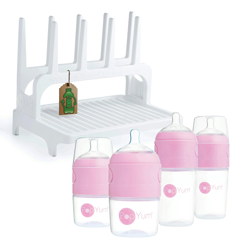 PopYum Pink Formula Making Baby Bottle Set 4-Pack with White Drying Rack Bundle