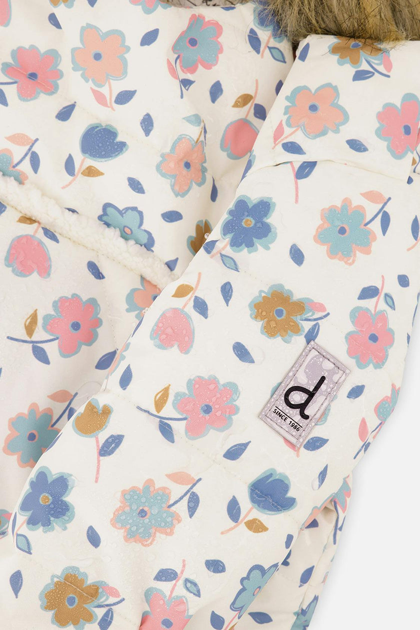 Baby Snug One Piece Snowsuit Adapted For Car Seats White With Floral Print