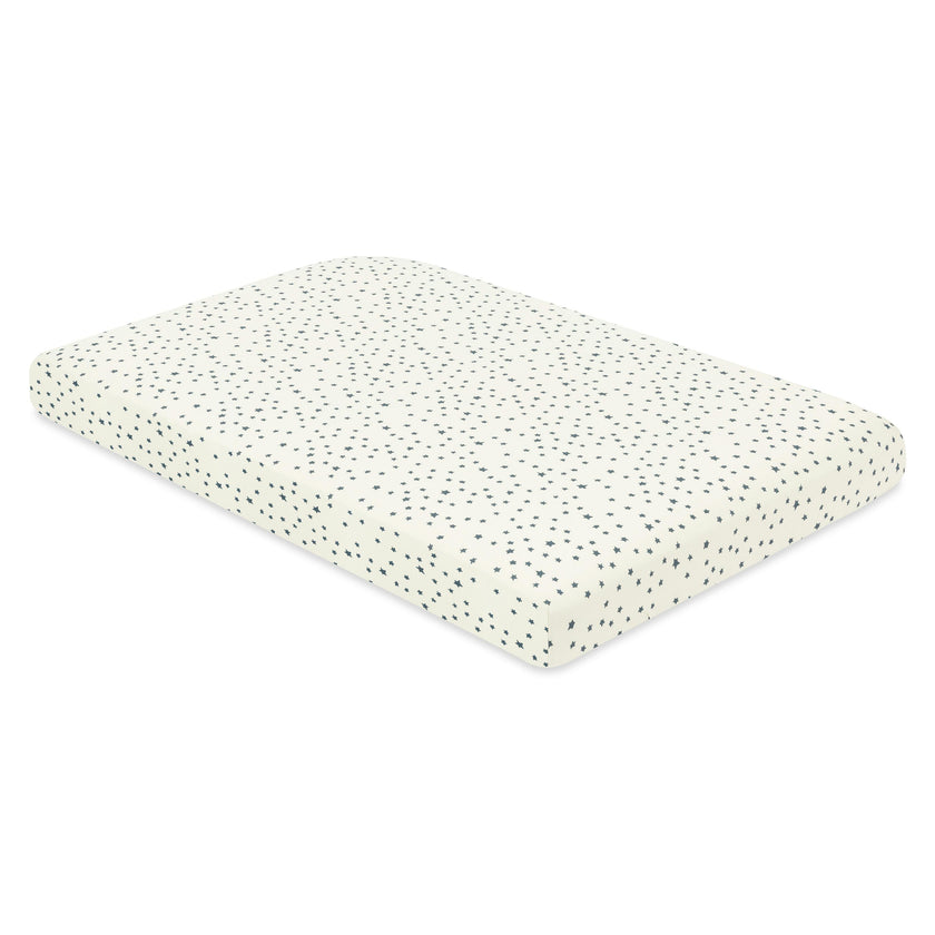 Mini Crib Sheet in GOTS Certified Organic Brushed Cotton in Ivory with Navy Stars