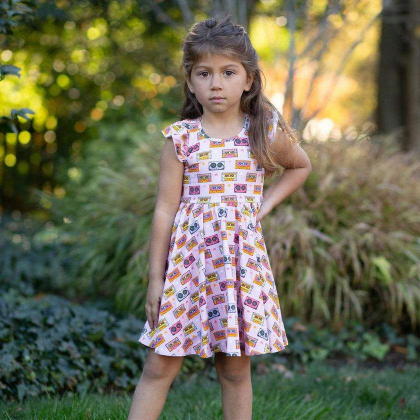 Racer Back Twirly Dress in Cassettes/Stars