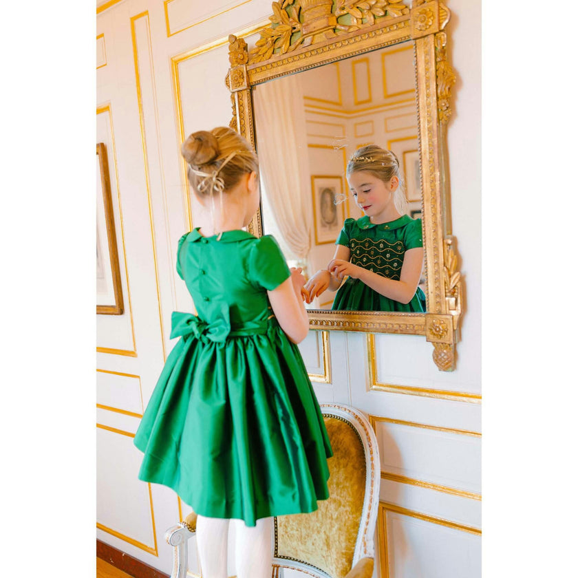 Stella Green Silk Short Sleeve Smocked Dress