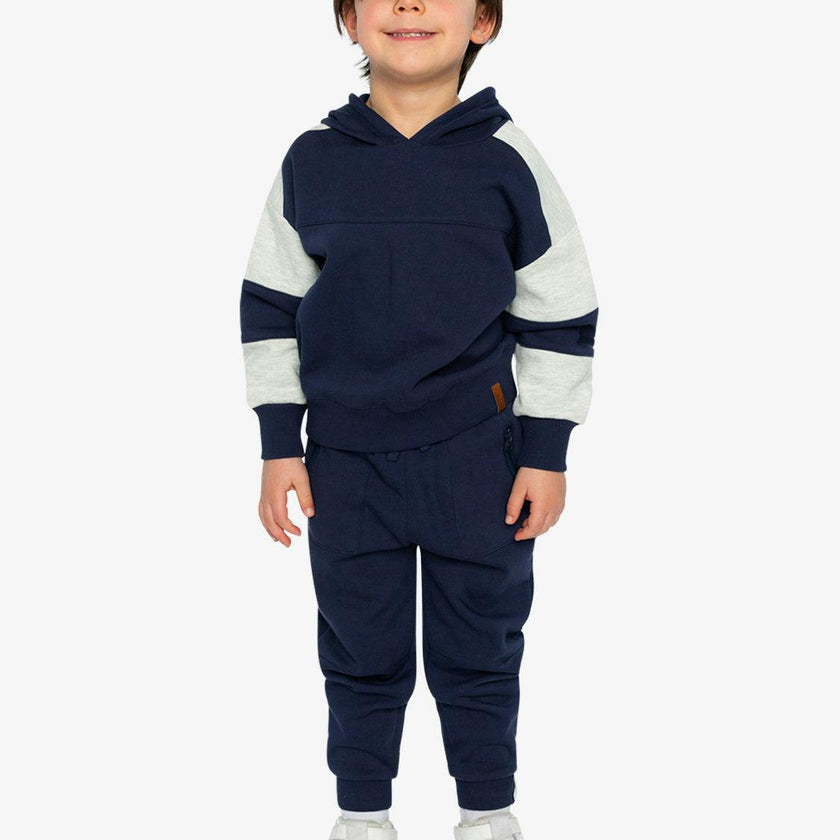 Hooded Striped Fleece Cardigan Dark Blue and Beige
