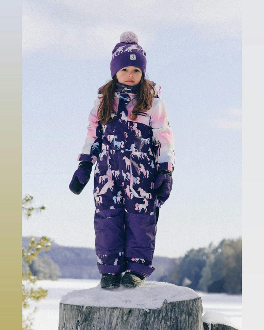 Kids One Piece Play Snowsuit Purple Unicorn Print