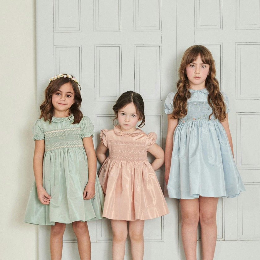 Sage Verity Silk Ceremony Girl Hand-Smocked Dress