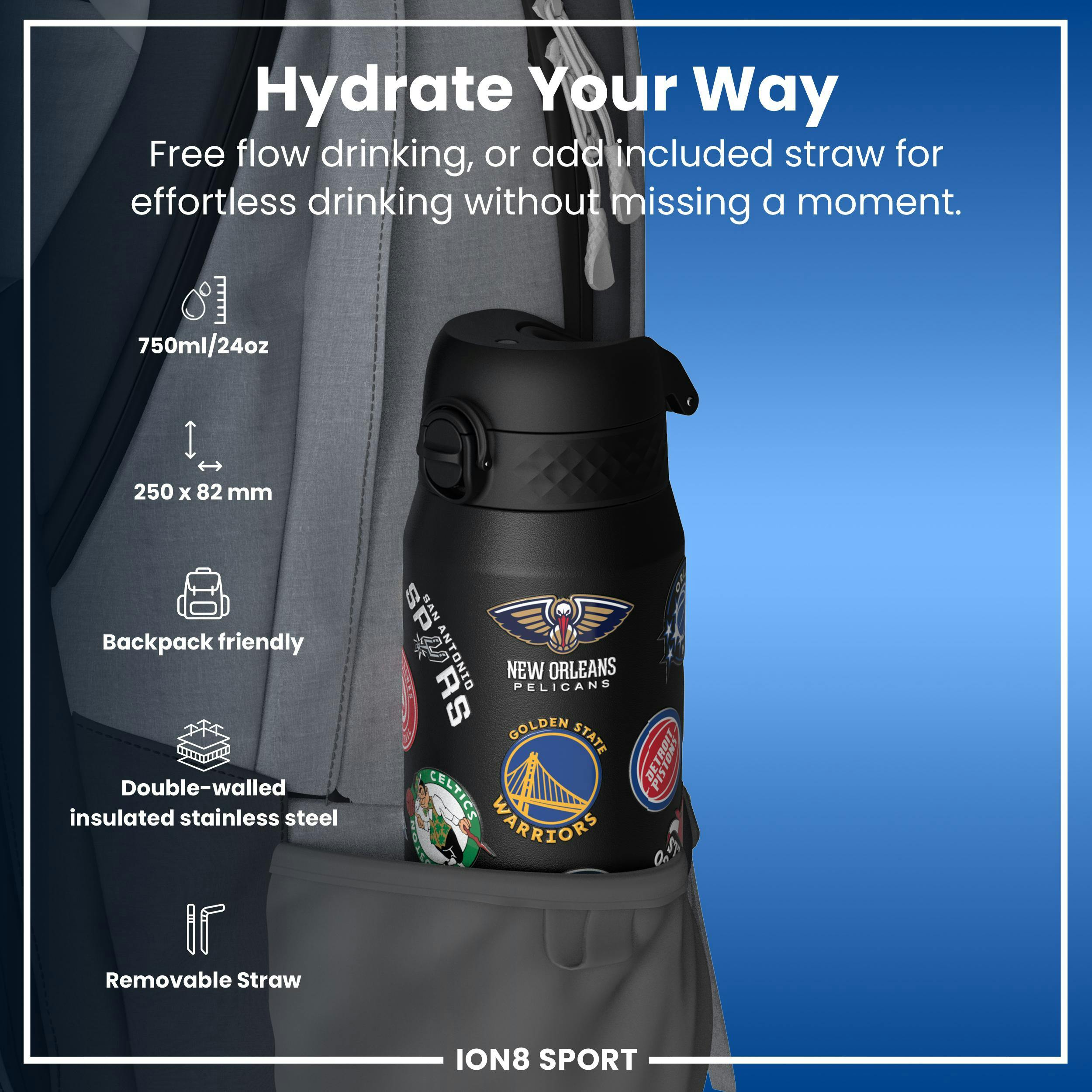 24oz - NBA x ION8 Sport Waterbottle - Stainless Steel, Double Wall Vacuum Insulated - NBA Multi-Team