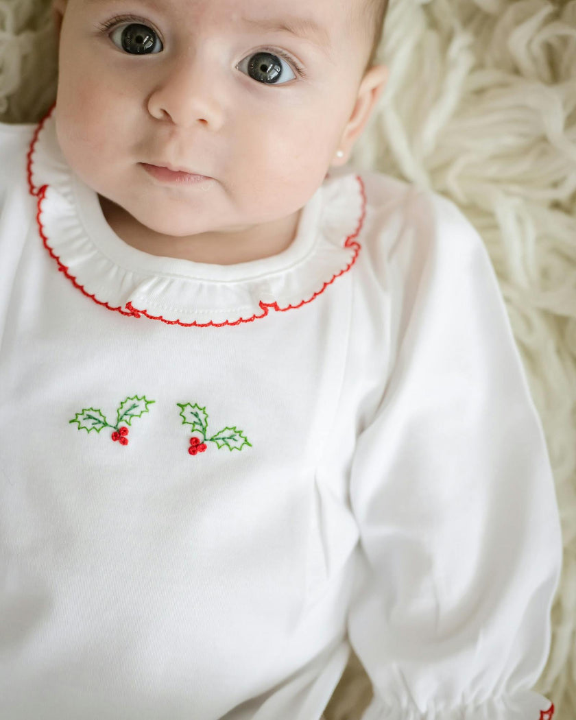 Newborn Christmas Day Gown Holly Embroidery