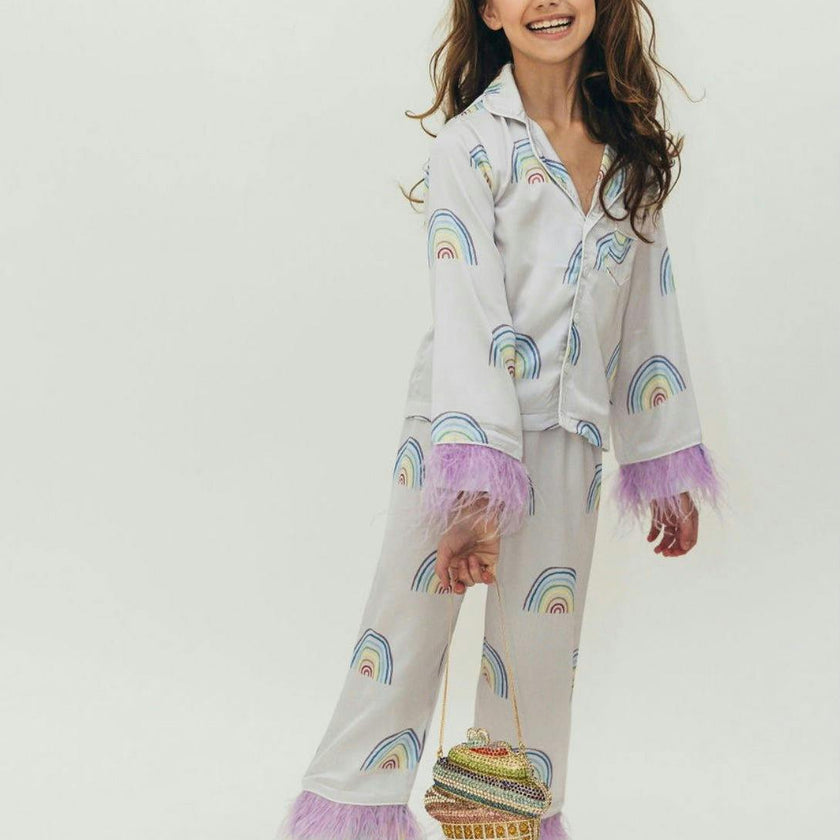 Rainbow Feather Trims Silk Pajama Set