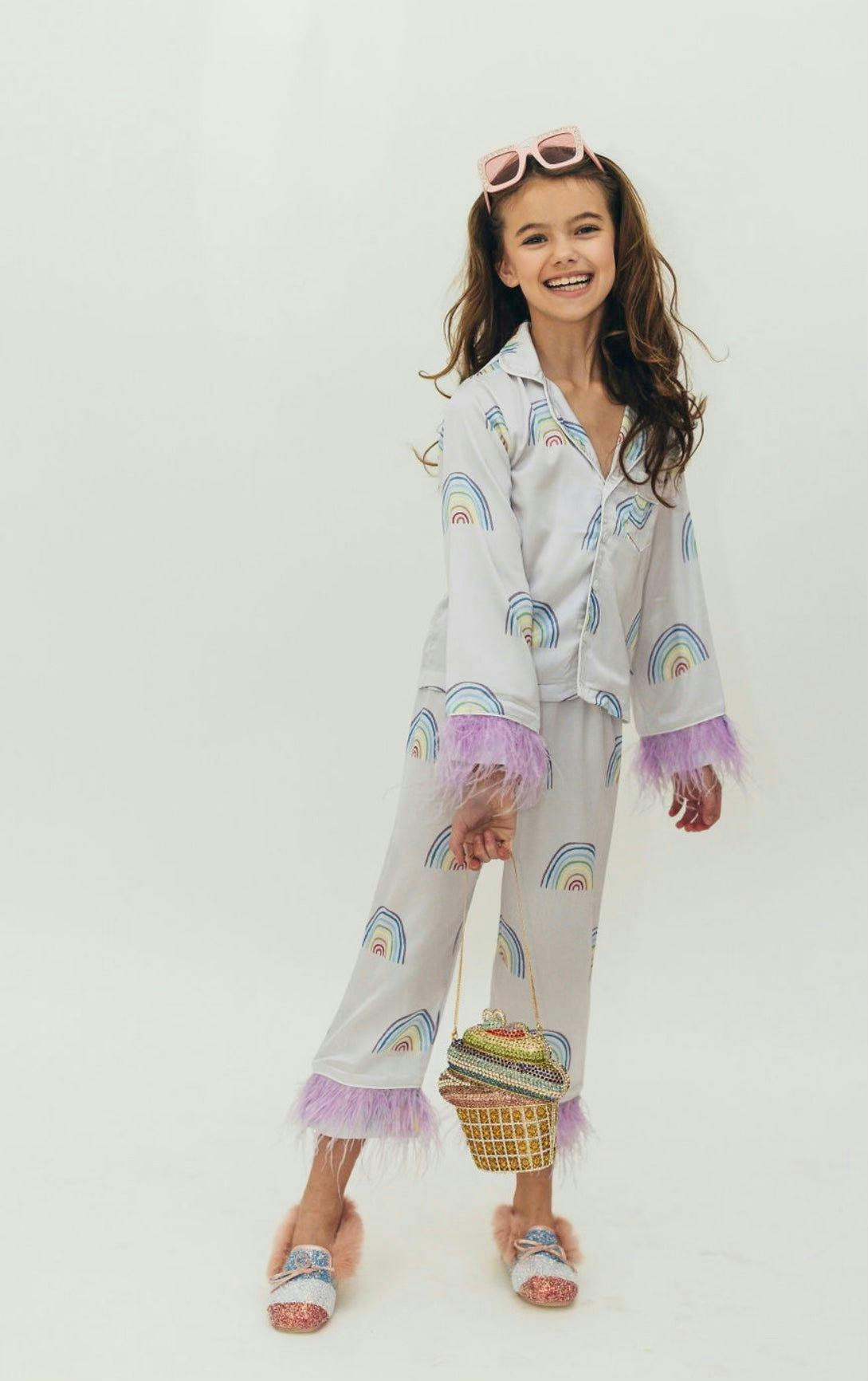 Rainbow Feather Trims Silk Pajama Set