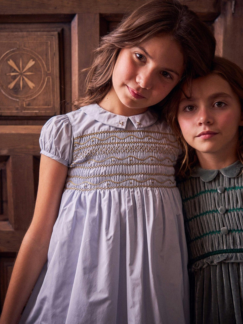 Dusty Blue Victoria Girl Hand-Smocked Dress