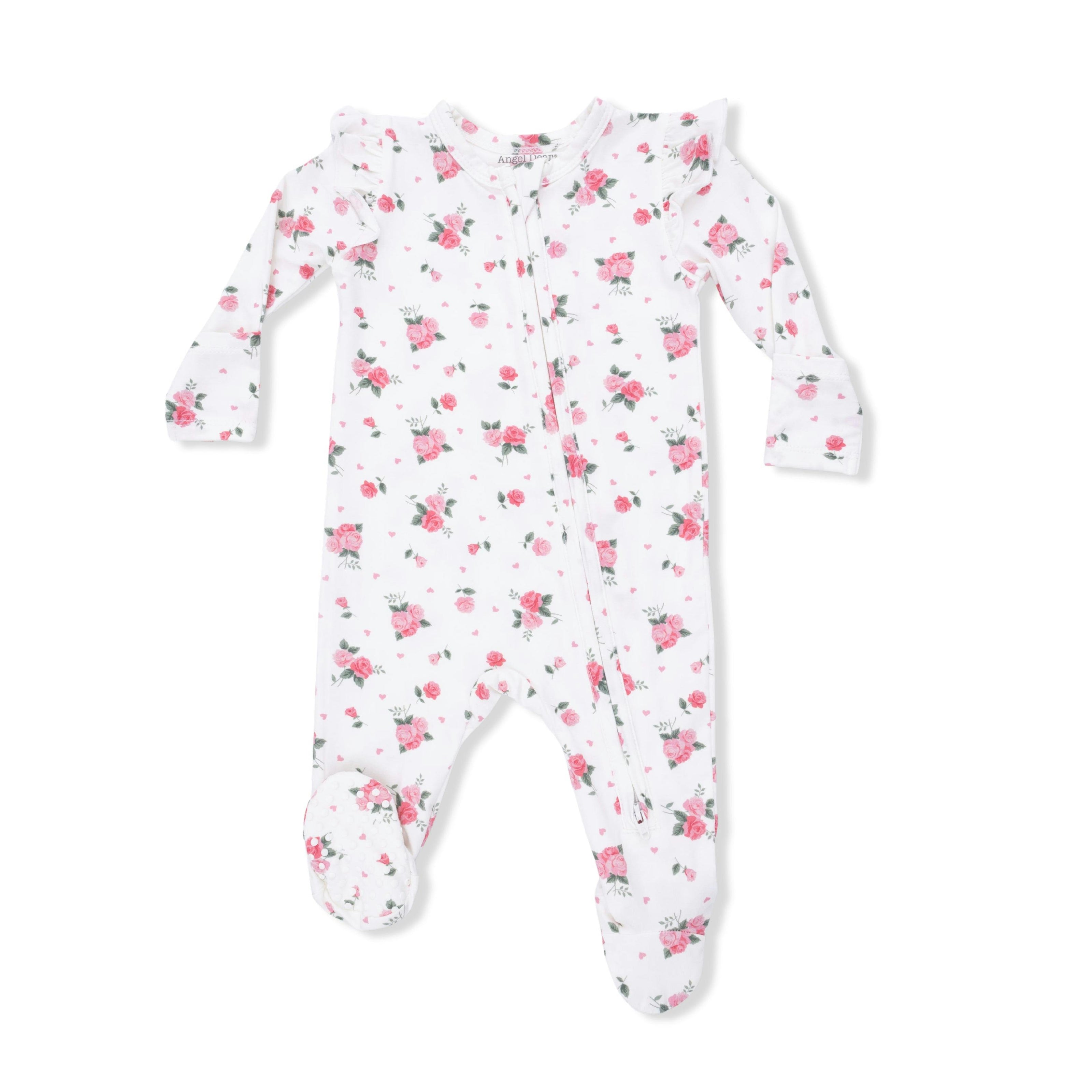Pink Rosettes - 2 Way Ruffle Sleeve Zipper Footie