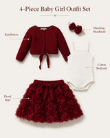 Baby Girl Cotton Outfit Set – Floral Skirt, Knit Bolero, Bodysuit & Matching Headband