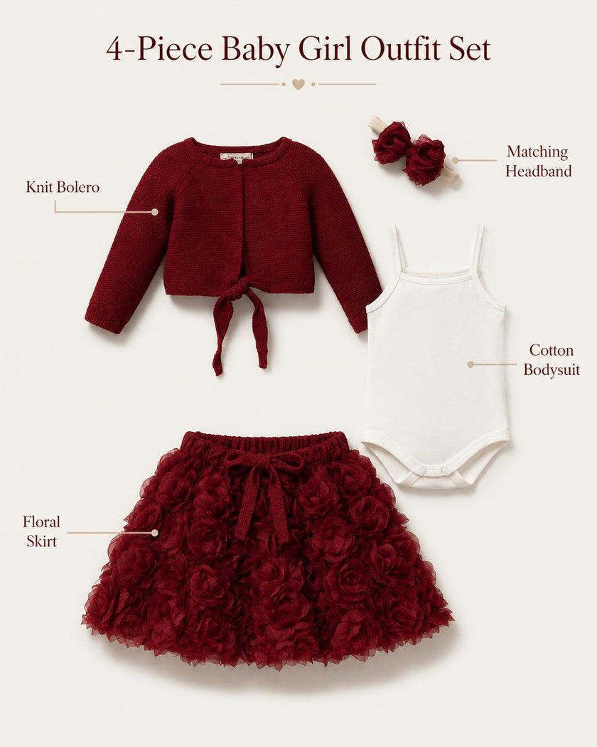 Baby Girl Cotton Outfit Set – Floral Skirt, Knit Bolero, Bodysuit & Matching Headband