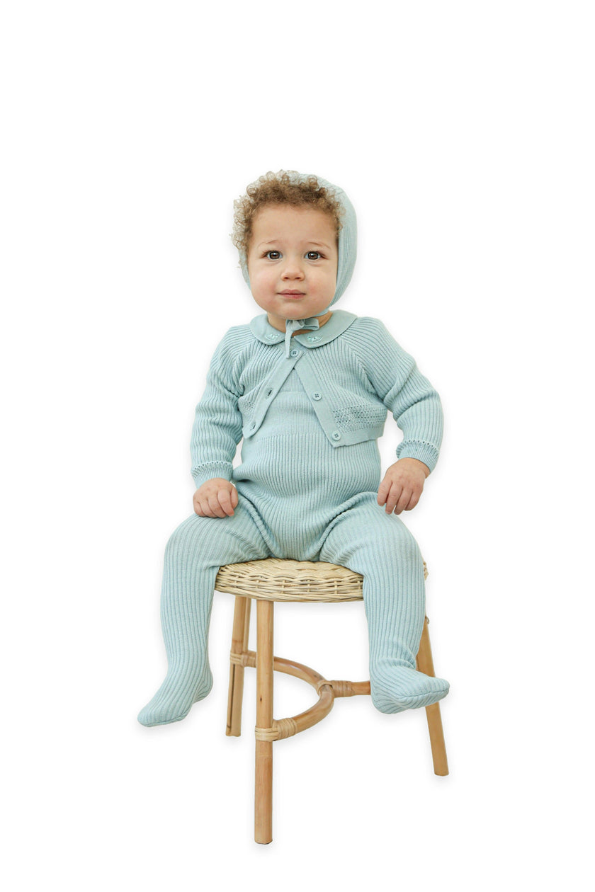 Embroidered Romper, Cardigan, and Bonnet Three Piece Set