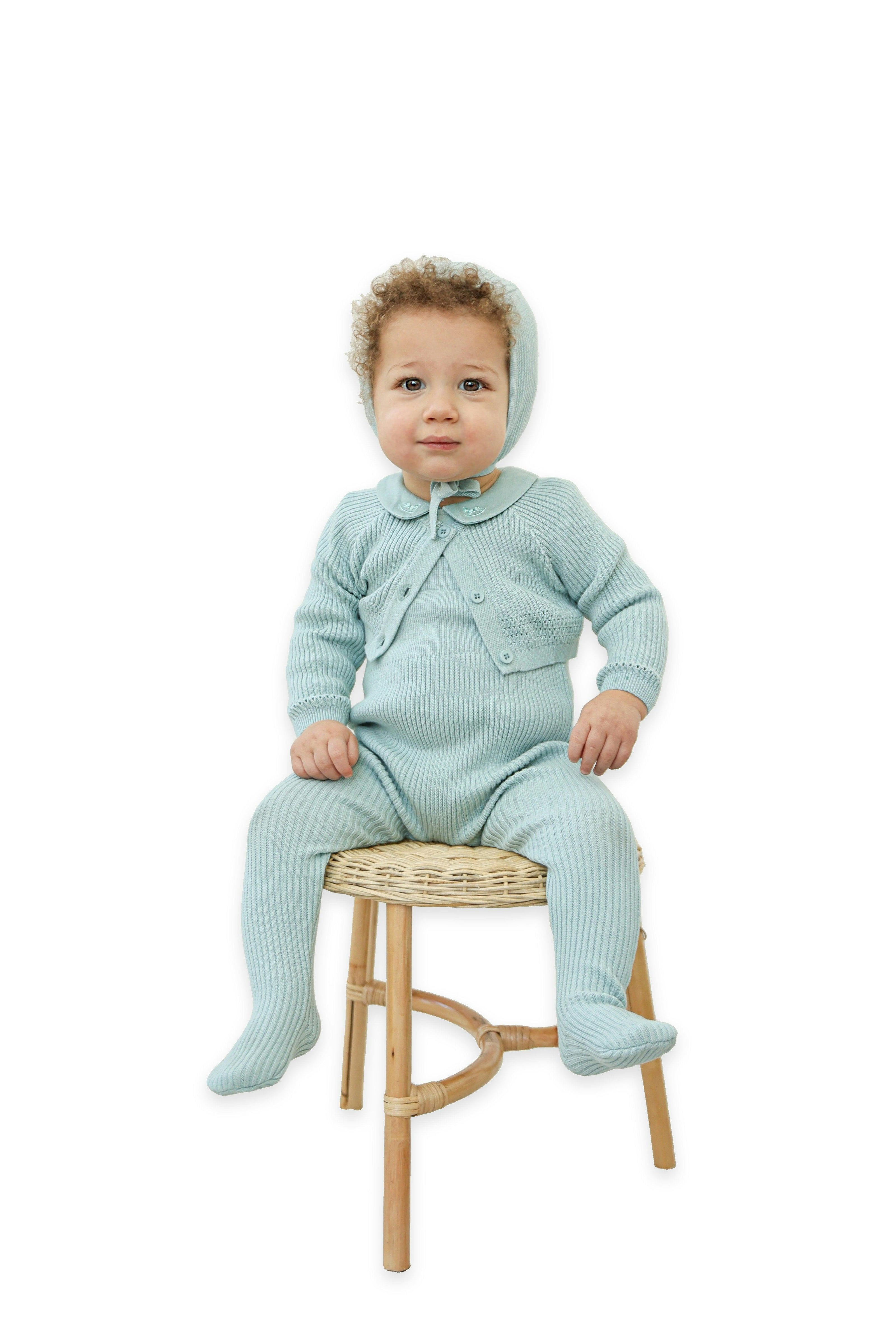 Embroidered Romper, Cardigan, and Bonnet Three Piece Set