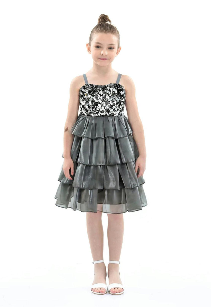 Grey Layered Tulle Sequin Sleeveless Dress