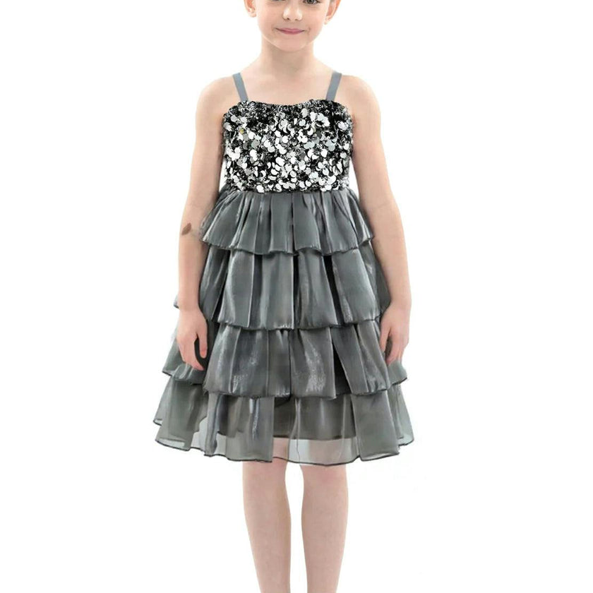Grey Layered Tulle Sequin Sleeveless Dress