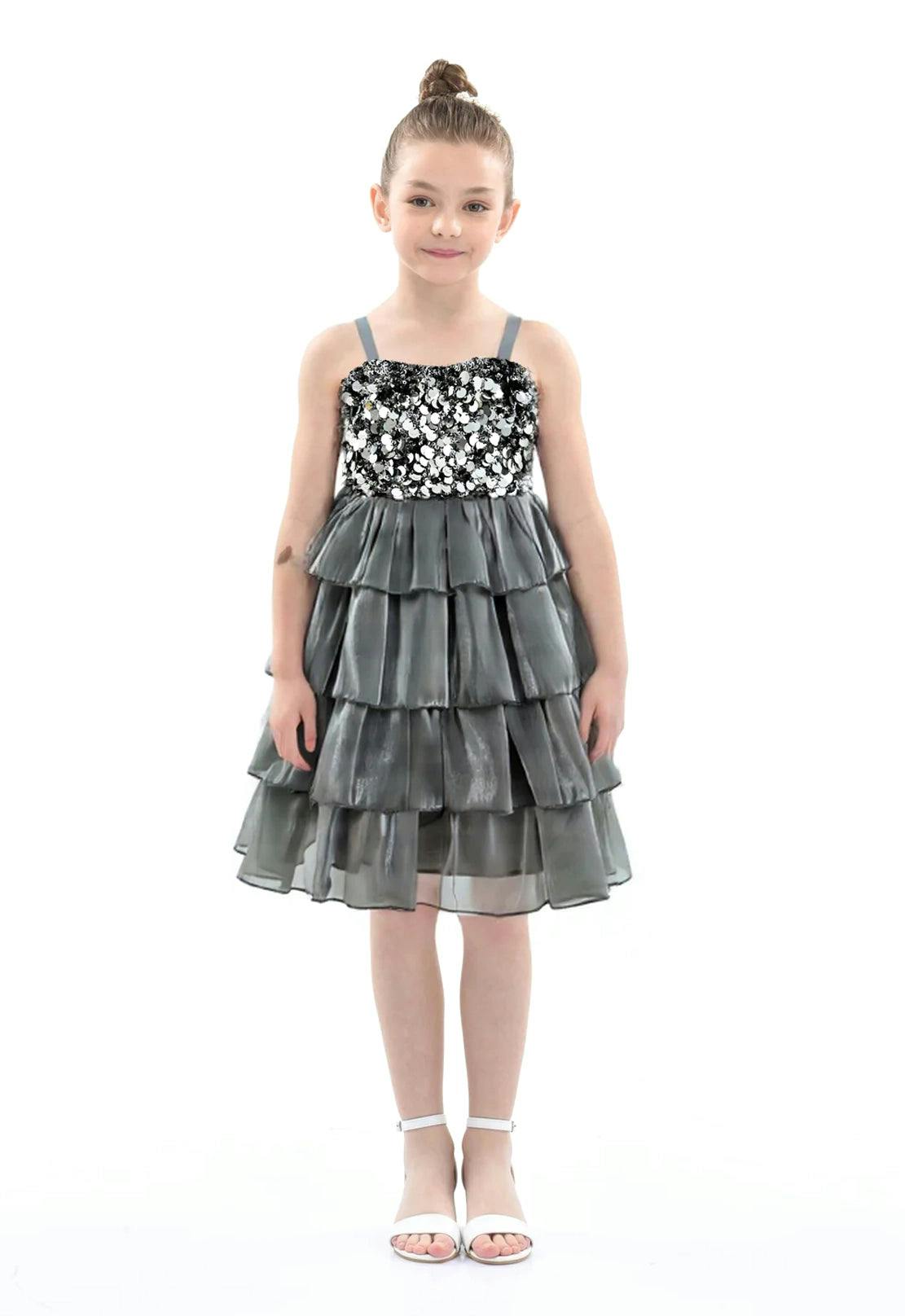 Grey Layered Tulle Sequin Sleeveless Dress