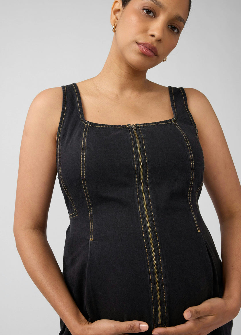 Zip Front Drapey Denim Maternity Jumpsuit