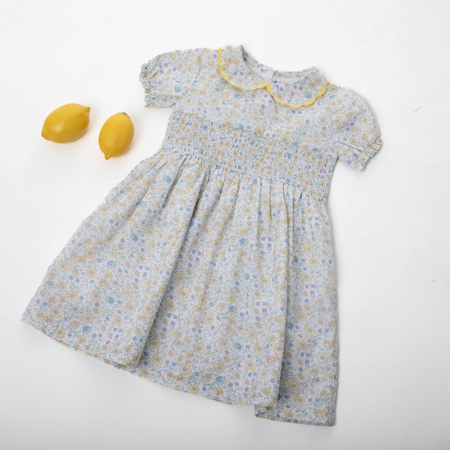 Eva Baby Dress Smock Short Sleeve, Yellow Blue Flowery