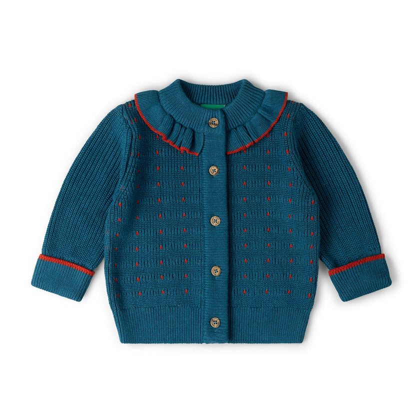 Midnight Frill Snuggly Knitted Cardigan, Blue