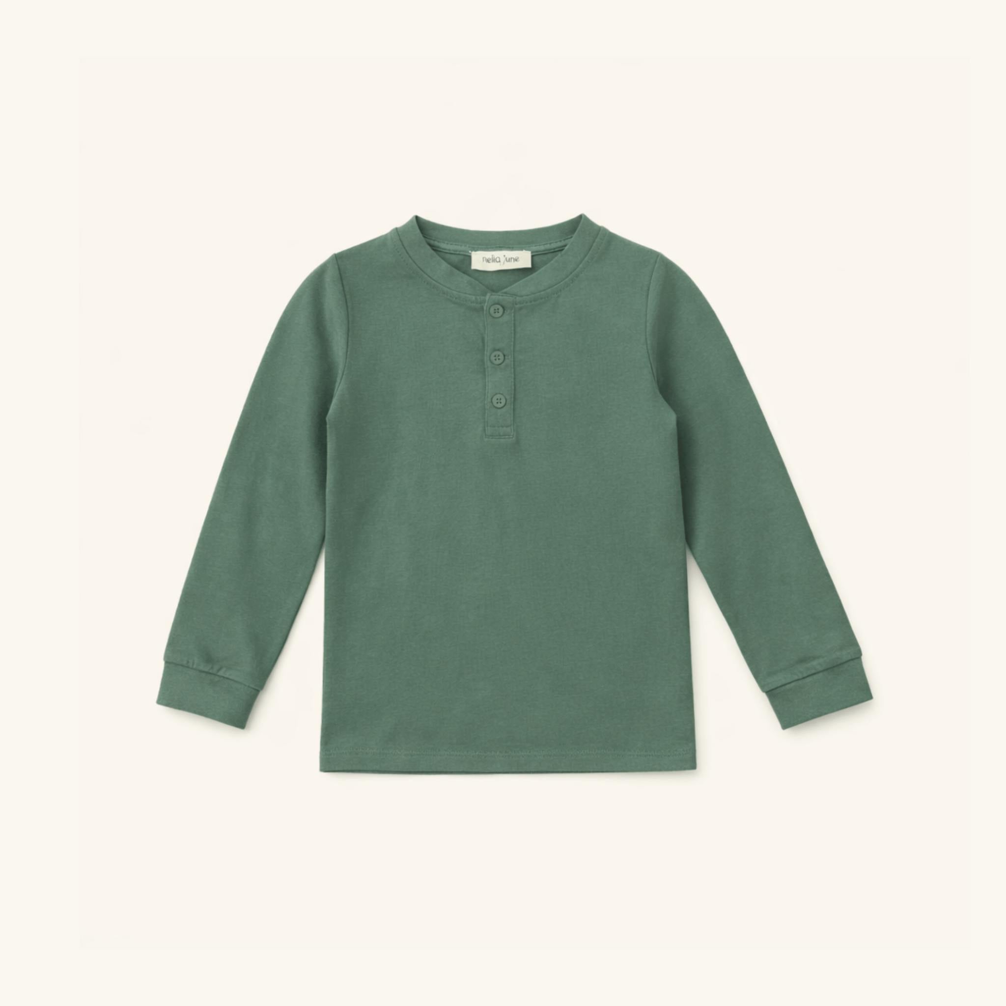 Boys' Long Sleeve Henley in Dark Green