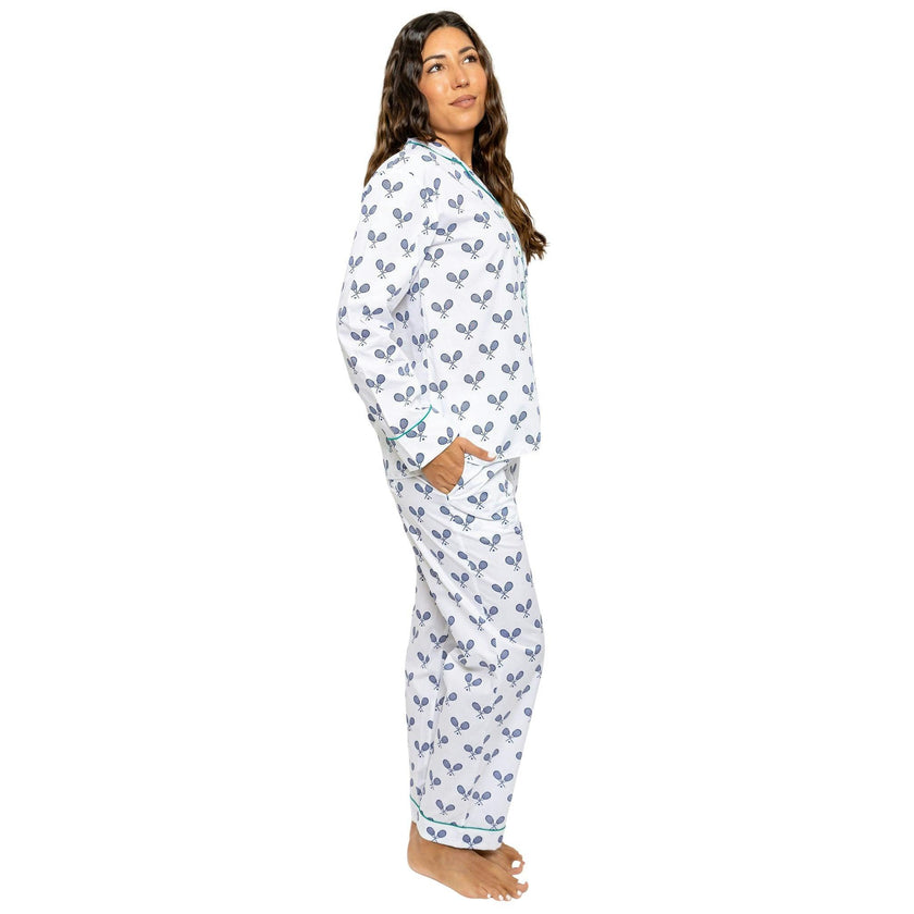 Women's Tennis Navy Long PJ Set - Organic Cotton Poplin