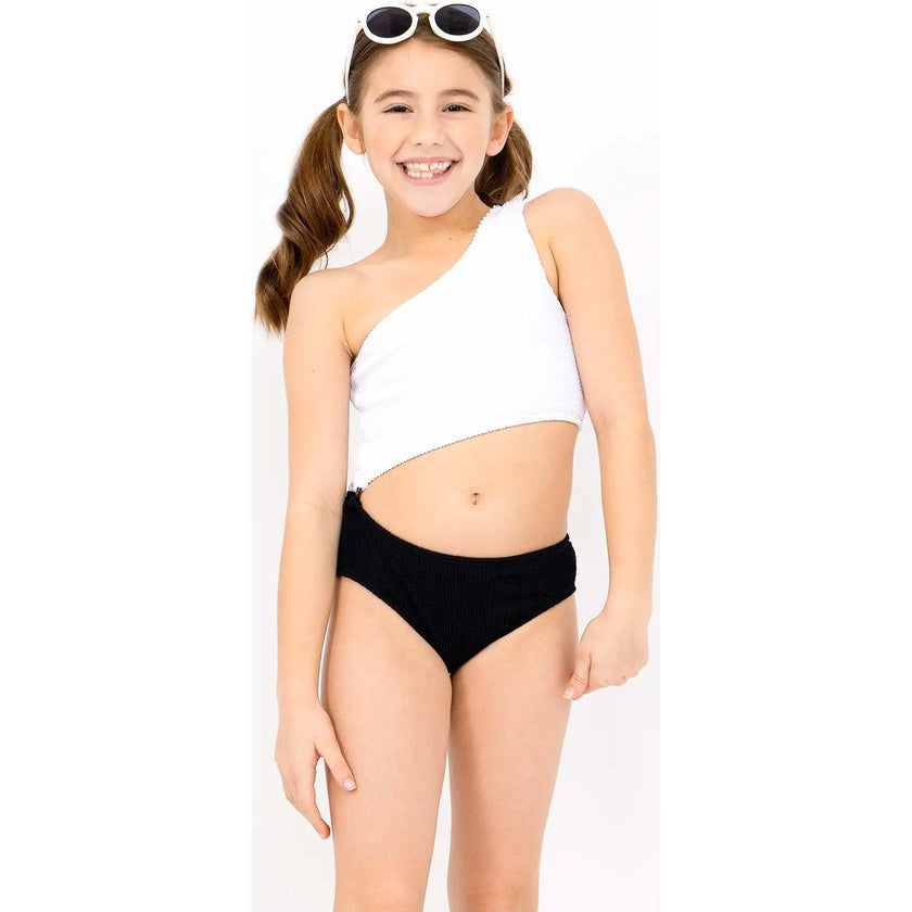Dina Crinkle Side Cutout One Piece Swimsuit - Black and White Black White