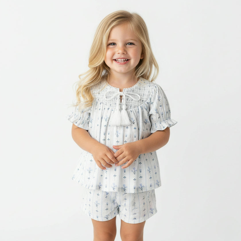 Organic Smocked Top & Shorts Set - Blue Vines