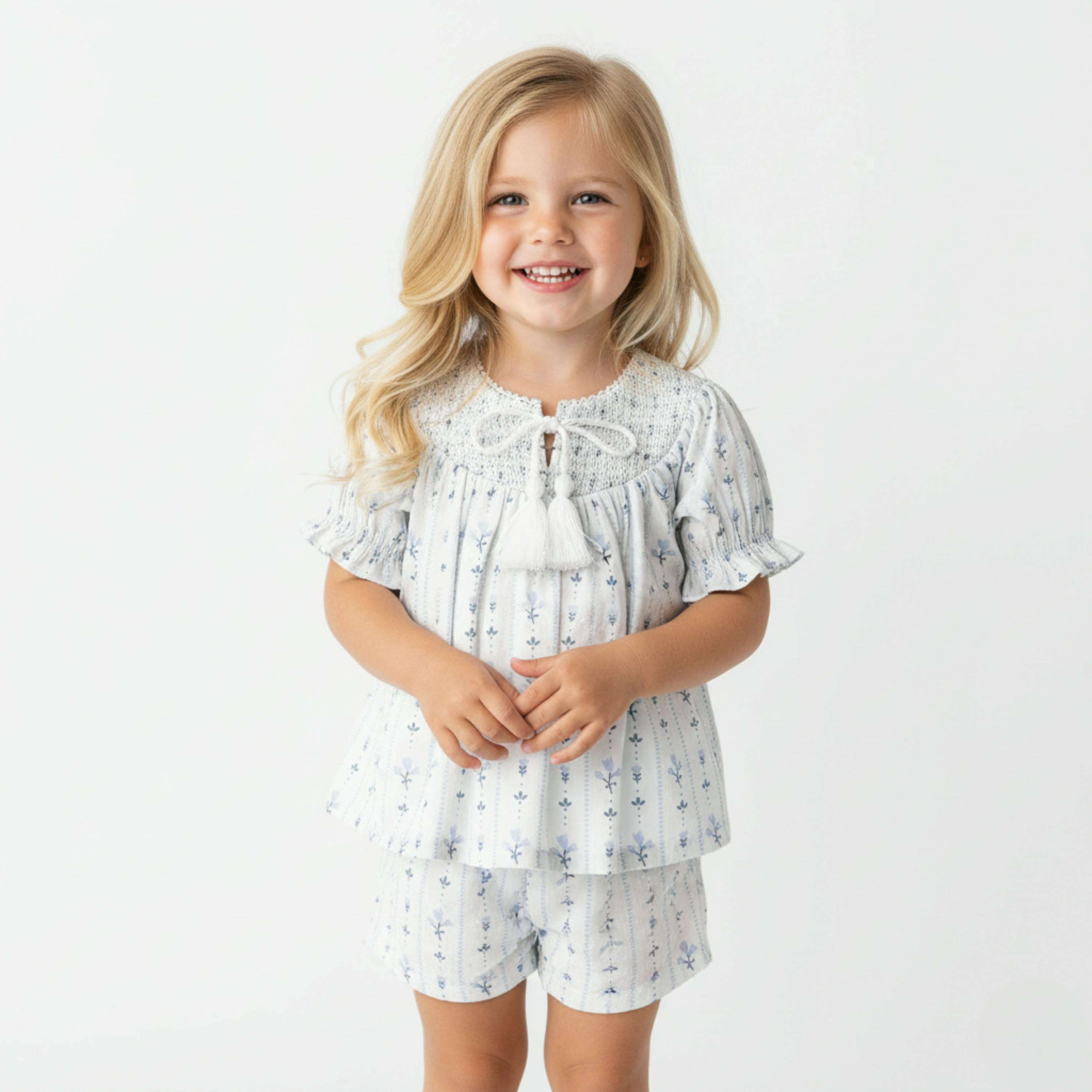 Organic Smocked Top & Shorts Set - Blue Vines