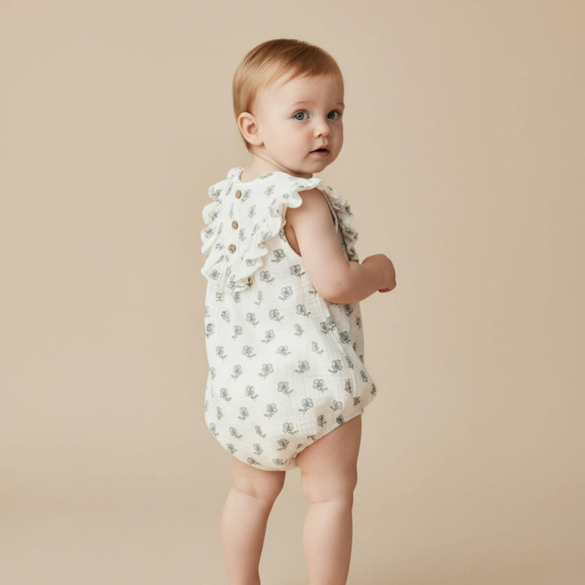 Organic Sleeveless Ruffle Bubble Romper - Poppy
