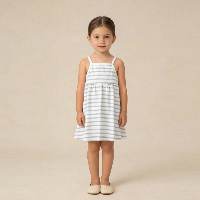 Organic Tie-Back Strap Dress - Fog Stripes