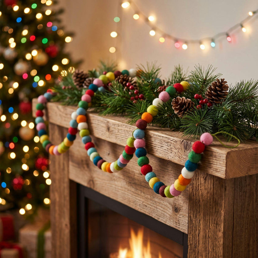 Hand Felted Wool Christmas Garland and Bunting - Multicolor Balls - 6'