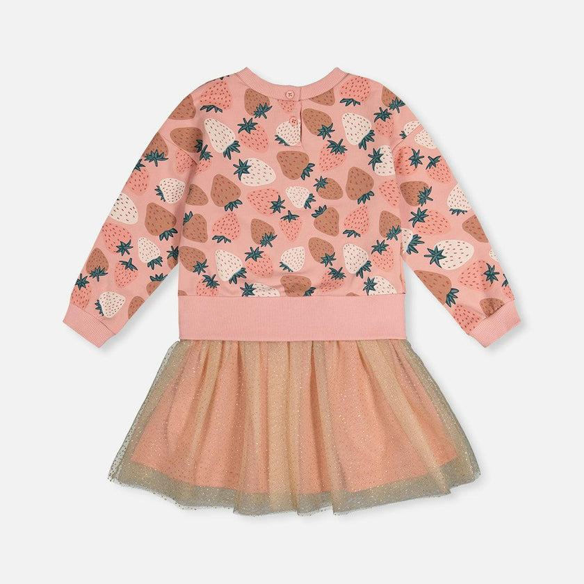 Bi-Material Dress Pink Strawberry Print