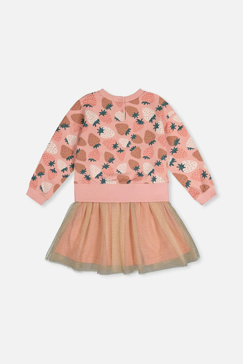 Bi-Material Dress Pink Strawberry Print