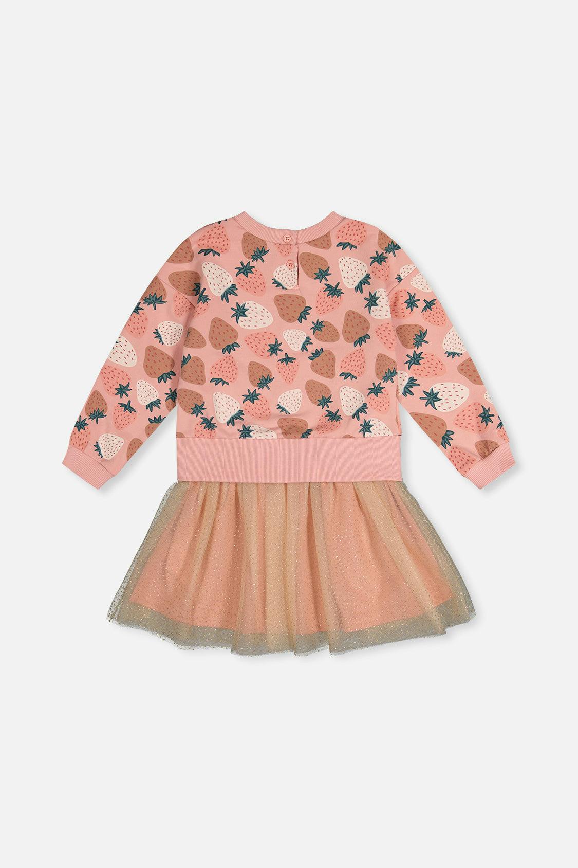 Bi-Material Dress Pink Strawberry Print