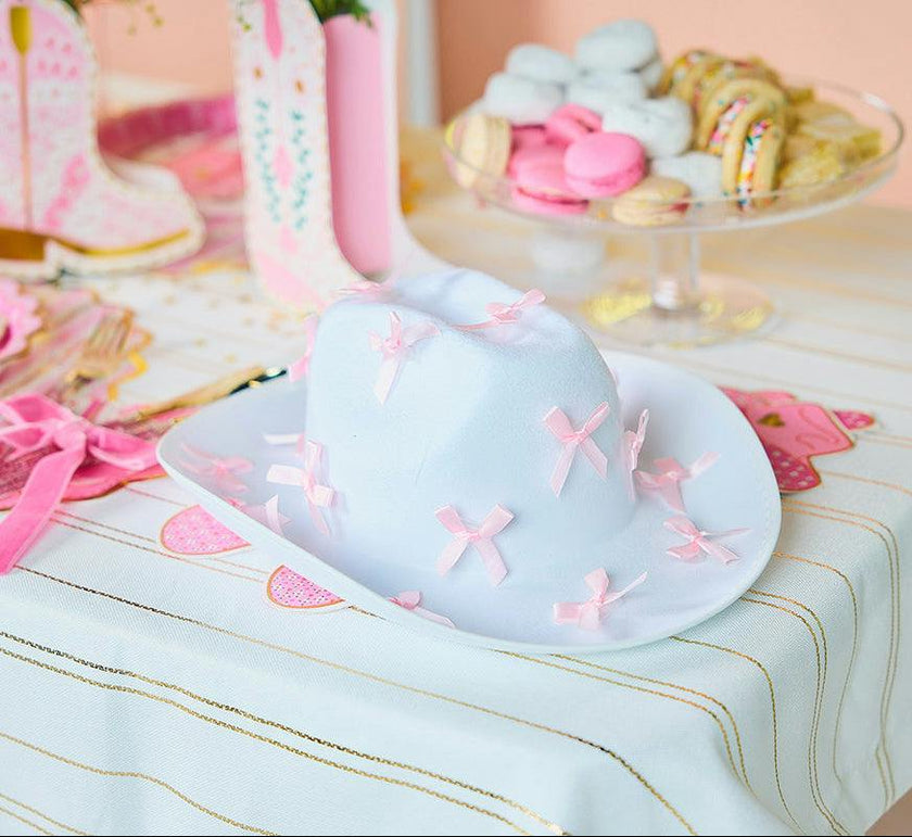 Packed Party Howdy Darling Pink Bow Cowboy Hat - White Felt Cattleman's Crease Cowgirl Hat with Pink Satin Ribbon Bows, One Size Fits All