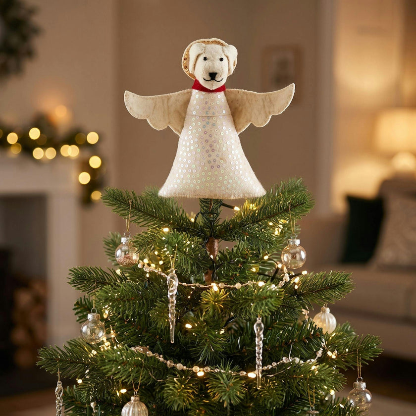Handmade Felt White Dog Angel Christmas Tree Topper