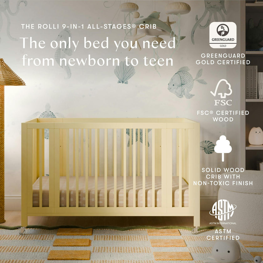Rolli 9-in-1 Convertible All-Stages® Crib with Bassinet & Toddler Bed Conversion Kits in Pale Yellow