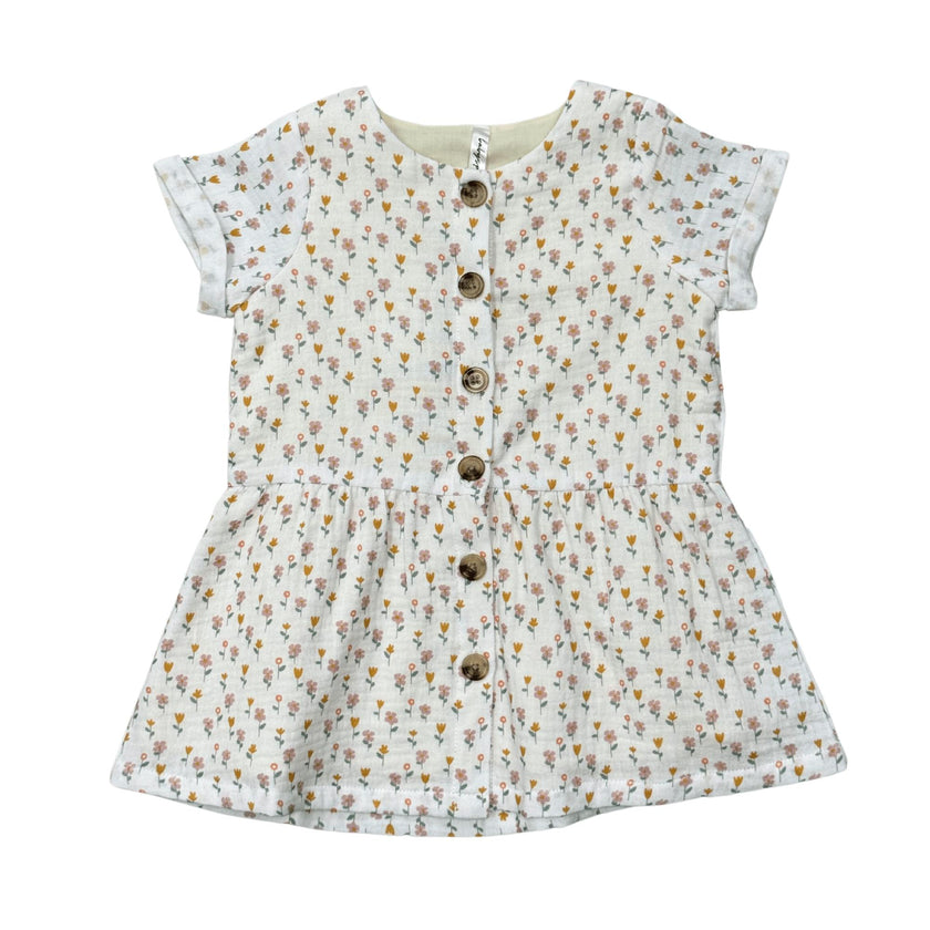 Girls Gauze Button Dress in Mini Daisy on Cream