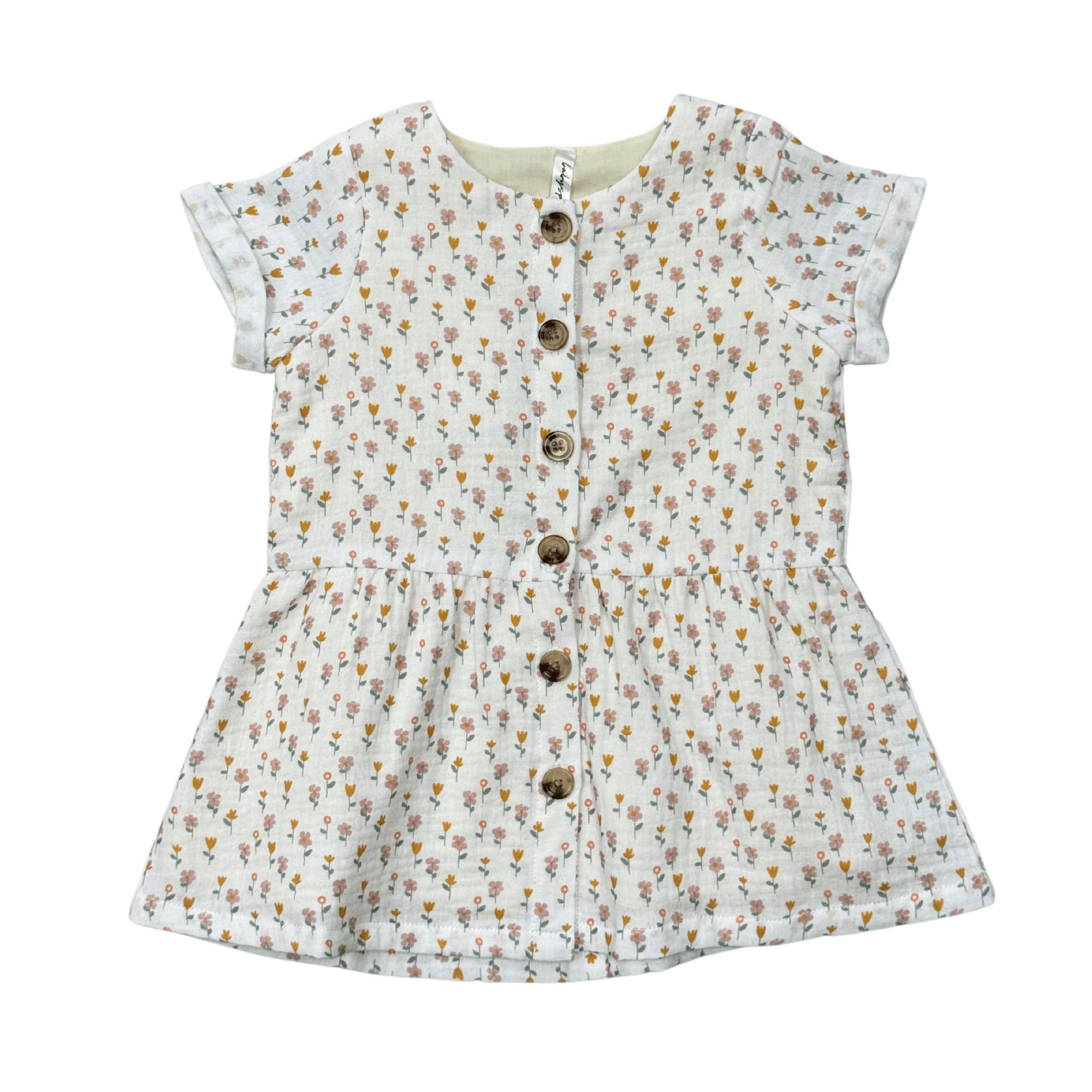 Girls Gauze Button Dress in Mini Daisy on Cream