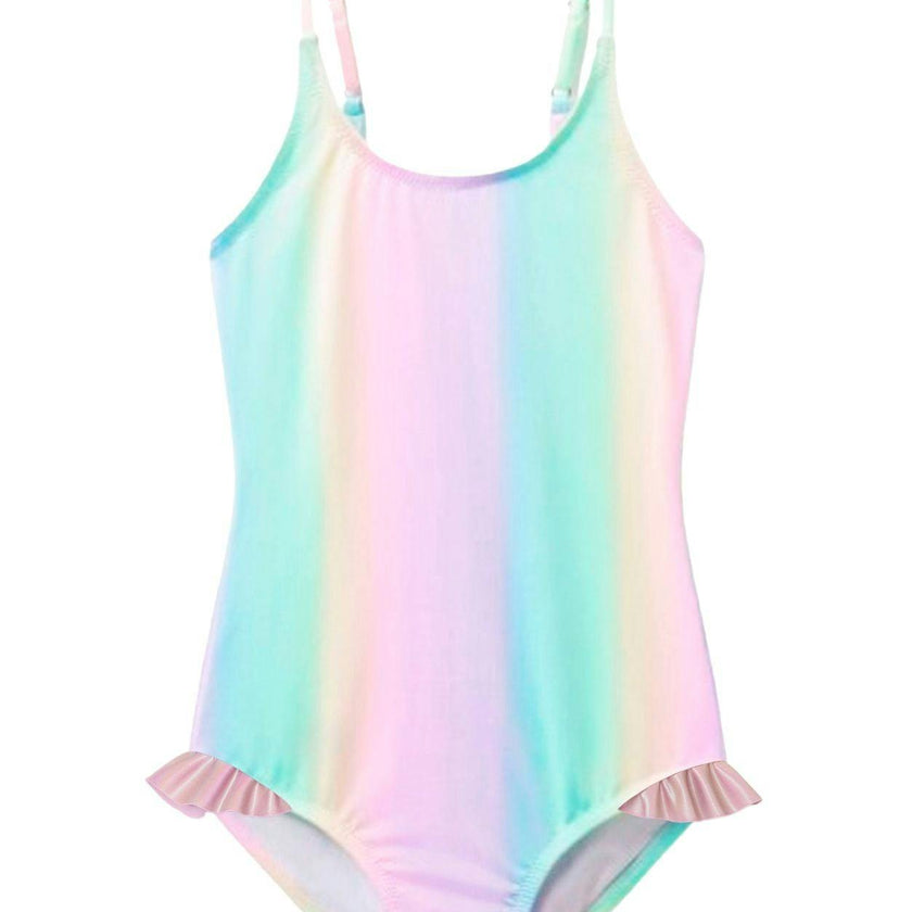 Rainbow Swimsuit with Pink Metallic Ruffles