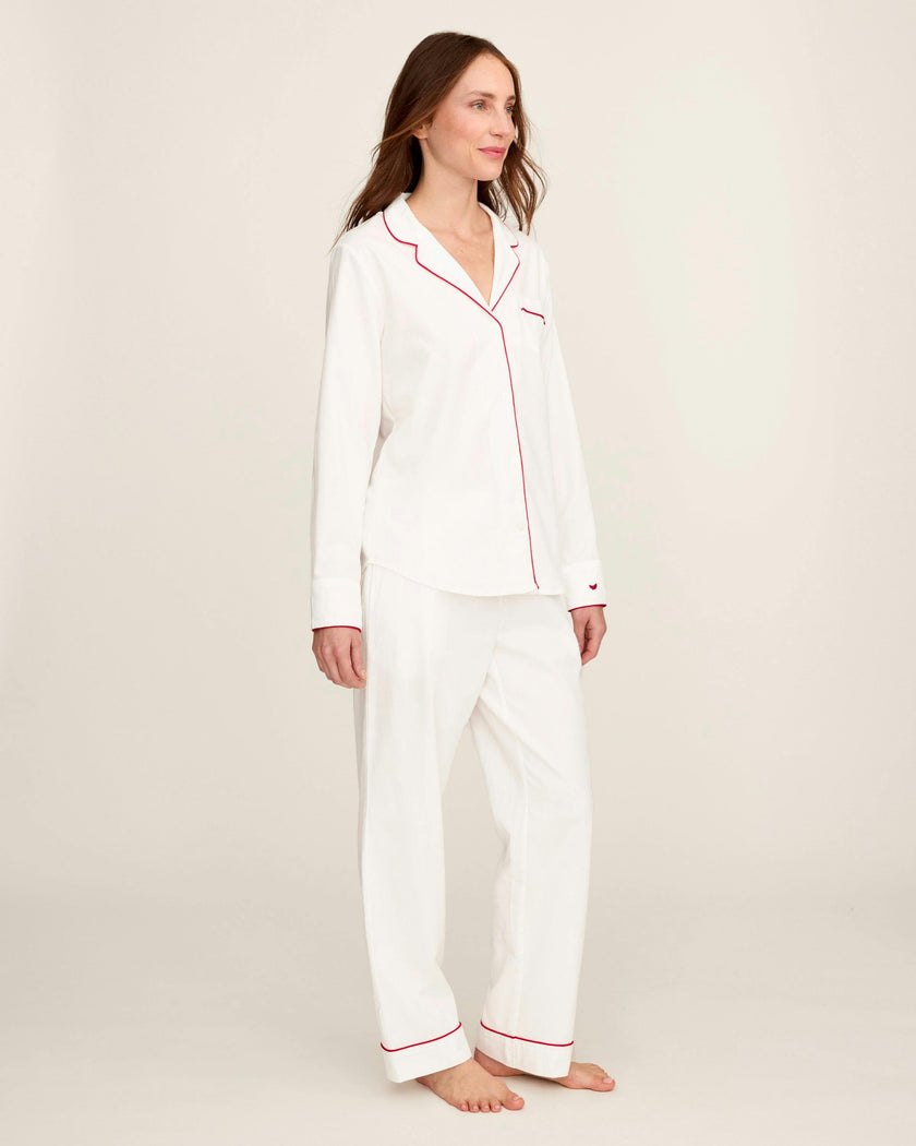 Women's Twill Pajama Set in White with Red Piping
