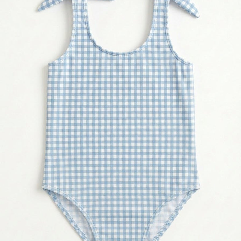 Girls Blue Checked Bow Bathingsuit