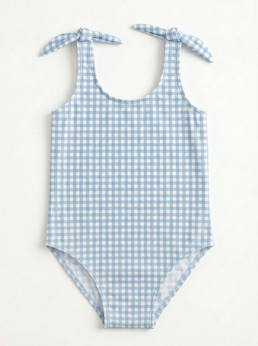 Girls Blue Checked Bow Bathingsuit